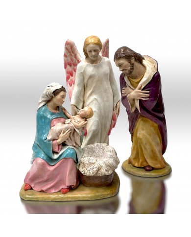 Nacimiento con La virgen, el niño, San José y un Ángel en alabastro policromado Nacimiento con La virgen, el niño, San José y un Ángel en alabastro policromado