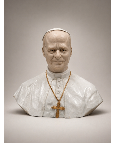 Escultura de busto del papa León XIV visto de frente