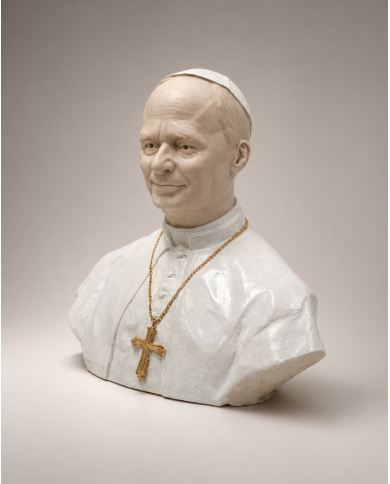 Escultura de busto del papa León XIV visión tres cuartos lado izquierdo