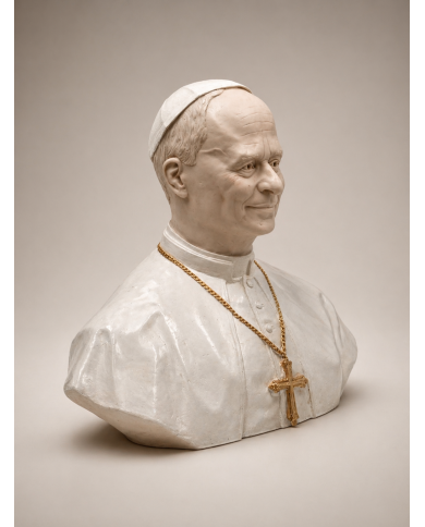 Escultura de busto del papa León XIV visión tres cuartos lado derecho