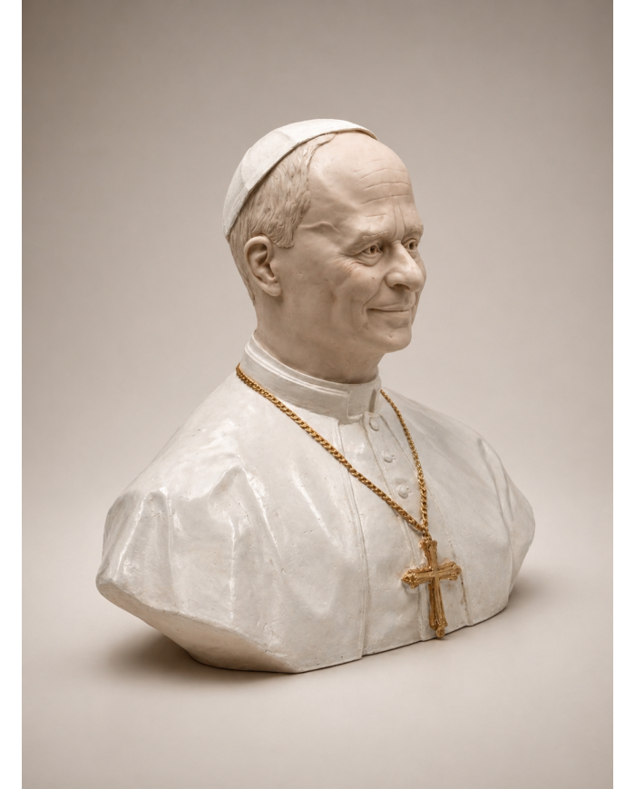 Escultura de busto del papa León XIV visión tres cuartos lado derecho